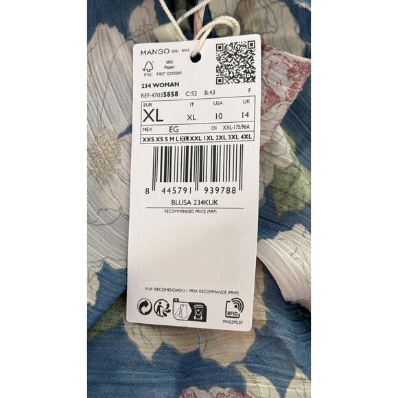 MNG Mango Floral Tie Long Sleeve Blouse Womens Size 10 Blue New Sheer - Picture 11 of 15